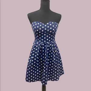Blue Polka Dot Strapless Mini Dress